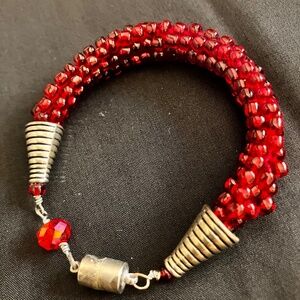 Red Beaded Bracelet With Gold Color Magnetic Clasp